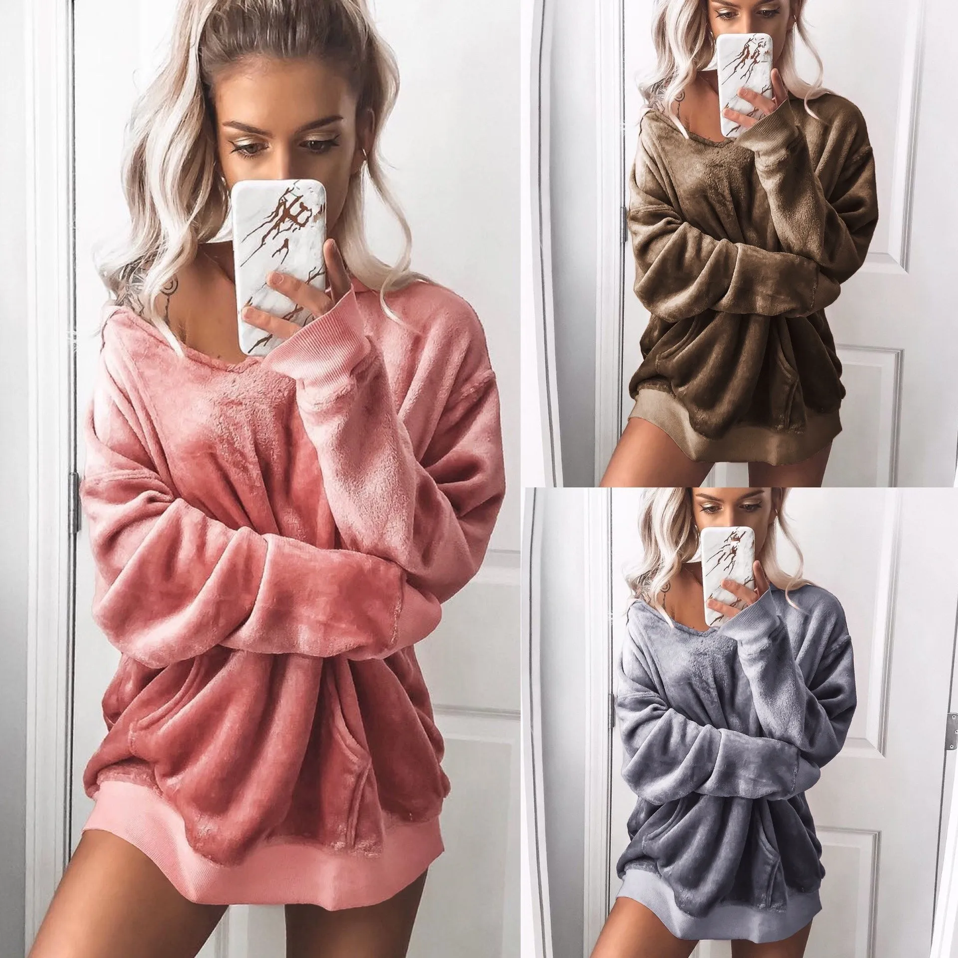 Сексуальный женский пуловер, Бархатные Топы для сна, зимняя теплая Модная Свободная Домашняя одежда для сна, милая однотонная свободная Пижама