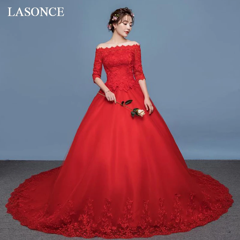

LASONCE Red Lace Appliques Chapel Train Ball Gown Wedding Dresses Boat Neck Illusion Half Sleeve Bridal Dress