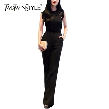 

TWOTWINSTYLE Solid Hollow Out Women Jumpsuit O Neck Short Sleeve High Waist Bowknot Slim Pants Female Fashion New Spring 2020