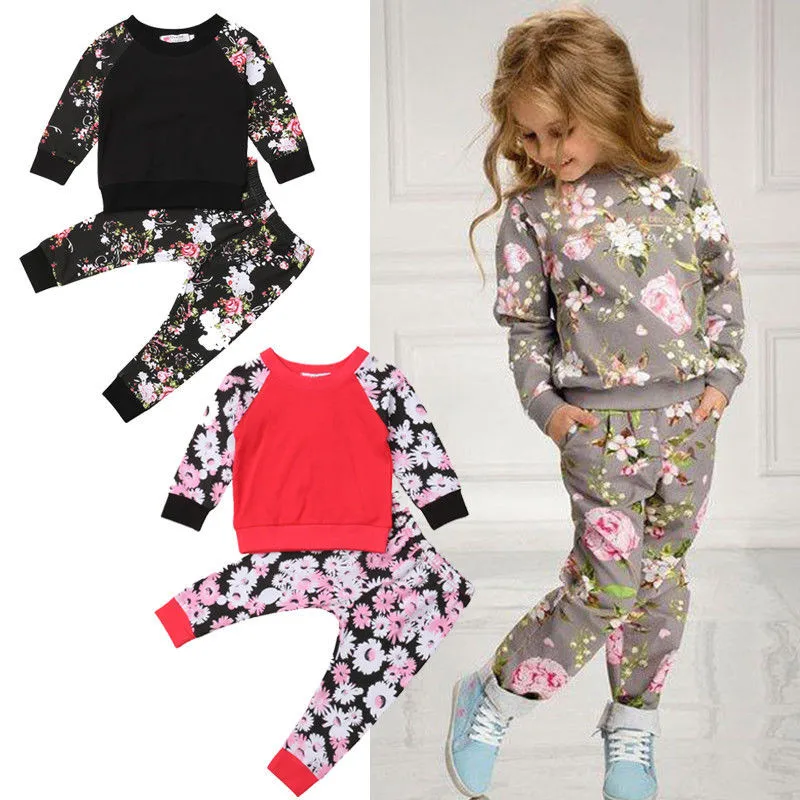

2018 Fashion Newborn Baby Boy Girls Flowers Outfits Tracksuits Unisex Patchwork Pullover Tops Floral Pants 2Pcs Fall Sets 0-24M