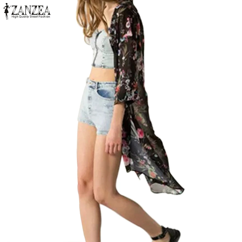 2019 ZANZEA Fashion Print Beach Cover Up Women's Summer Floral Kimono Cardigan Female Bohemian Chiffon Blouse Blusas Tunic Tops