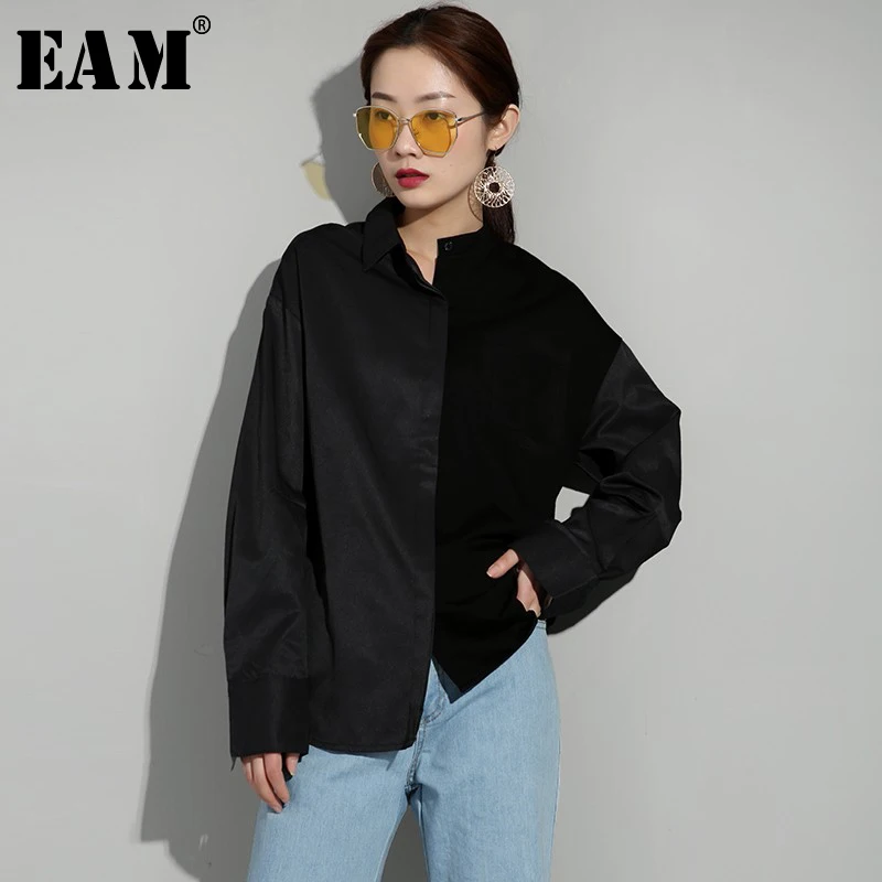 

[EAM] 2019 New Autumn Winter Lapel Long Sleeve Hit Color Split Joint Loose Personality Shirt Women Blouse Fashion Tide JH4180