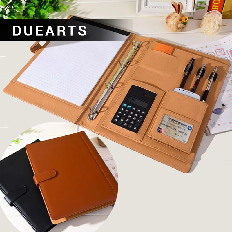 

DUEARTS Leather Padfolio Multifunction Organizer Planner Notebook Ring Binder A4 File Folder With Calculator Office Supply