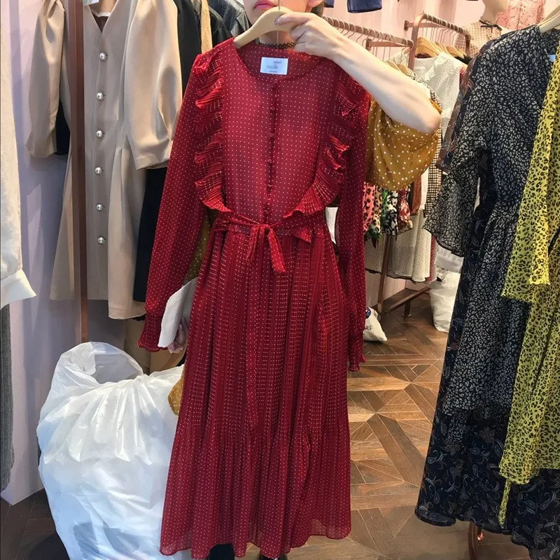 

2019 New Polka Dot A-line Chiffon Dresses Women Spring Long Sleeve Ruffles Sashes Midi Dress Empire Solid Dress