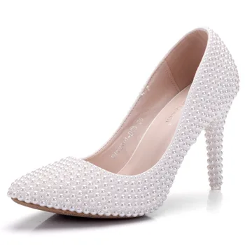 

Fashion Shoes 2019 Women High Heels Pumps Full Pearl Heeled White Wedding Party Shoes Spring Shallow Stiletto Beige Ladies Shoes