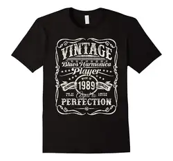 Винтаж Блюз губная гармоника плеер сделано в 1989 Т для мужчин s 100% хлопок короткий рукав принт крутая забавная футболка для мужчин Высокое