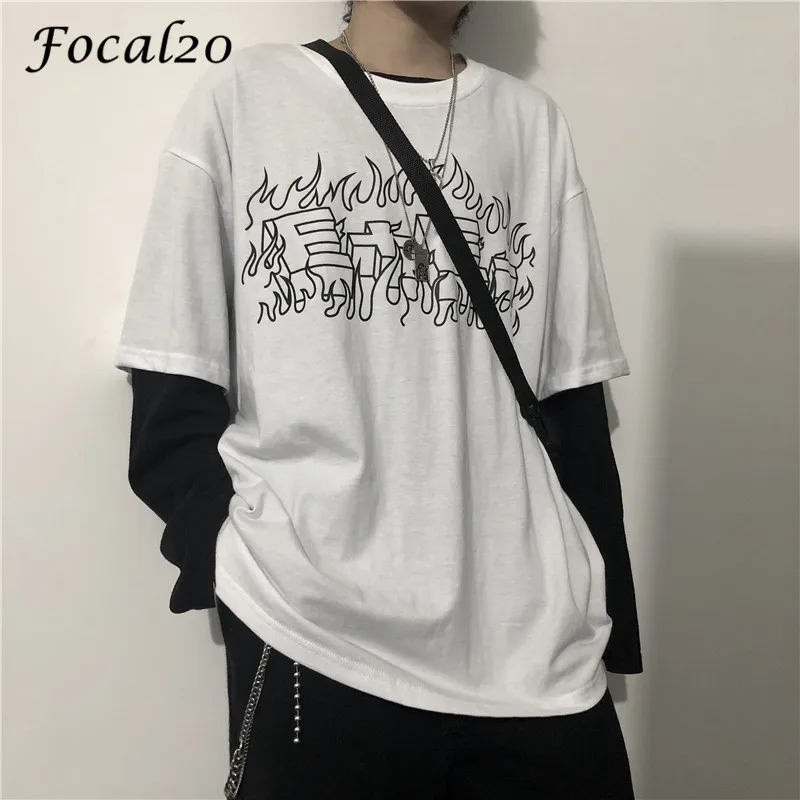 

Focal20 Harajuku Flame Letter Print Female T Shirt Top Tees Crew Neck Short Sleeve Summer Spring Loose Women T Shirts Top Tees