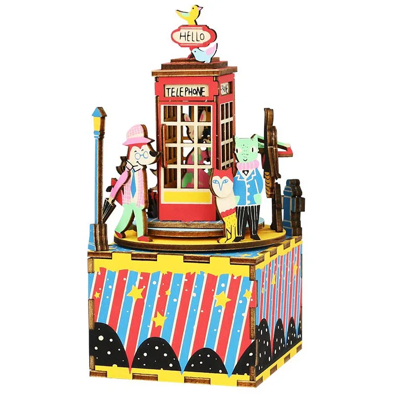 

Robotime DIY 3D Music Box Toy Rotating Musical Boxes Retro Telephone Booth Wooden Handmade Building Kits Toys For Kids Gift