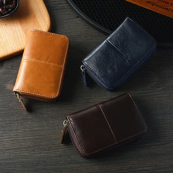 Cow leather business card holder men zipper blue/brown/coffee credit card wallet male 2020 retro bank/id/credit card holder