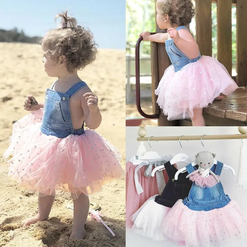 Toddler Baby Girls Tutu Dress Summer Denim Mesh Tulle Princess Party Outfits UK 