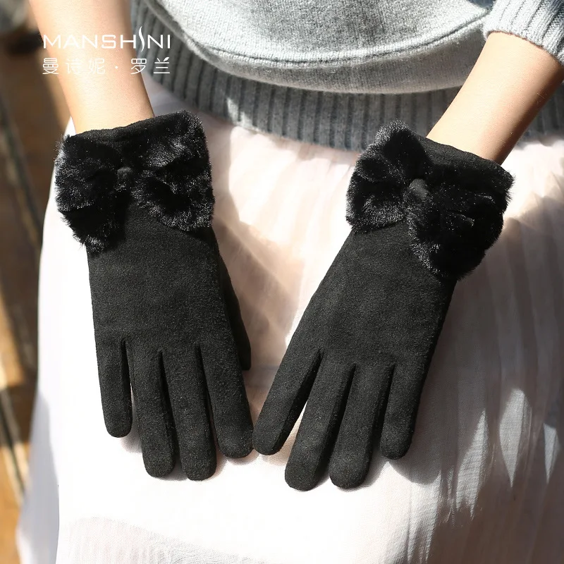 Suede gloves woman winter lovely students warm telefingers gloves velvet lining thick warm windproof touch screen gloves 0224