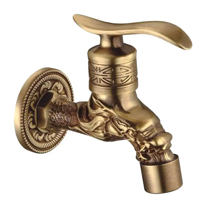 

Carved Wall Mount Bibcock Brass Retro Tap Decorative Outdoor Garden Taps Washing Machine Mop Luxury Antique WC Faucet