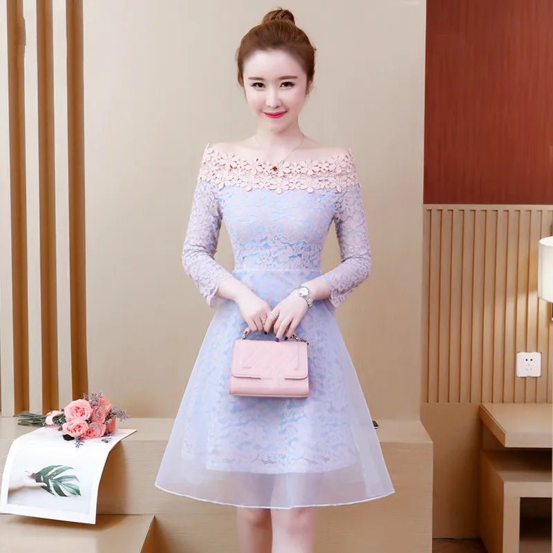 

Summer Dress 2019 Women Casual Slash Neck Long Sleeve Short Dress Elegant Mini Lace Dress Sexy Party Dresses Vestidos S-2XL