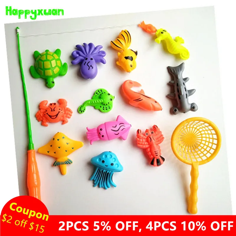 

Happyxuan 14pcs Set Magnetic Fishing Toy Game Kids 1 Rod 1 net 12 3D Fish Baby Bath Toys Outdoor Fun