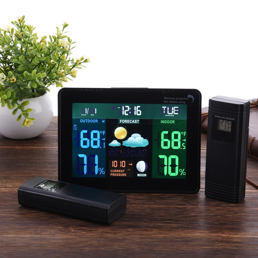 

Multi-function Wireless Weather Clock Indoor Outdoor Temperature and Humidity Meter Barometer Calendar Moon Phase LED Display