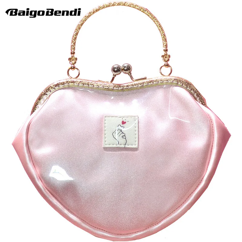 

Hot ! Heart Shape Pink Jelly Bag Girls Students Lovely Small Messenger Bag Frame Transparent Clasp Handbag Ladies