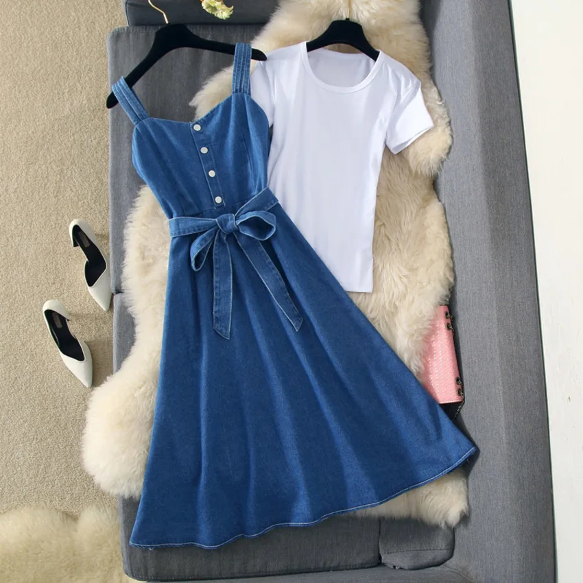 

Summer Women Denim Dress Sundress Casual Loose Overalls Dresses Female Solid Strap Sleeveless Jeans Dresses