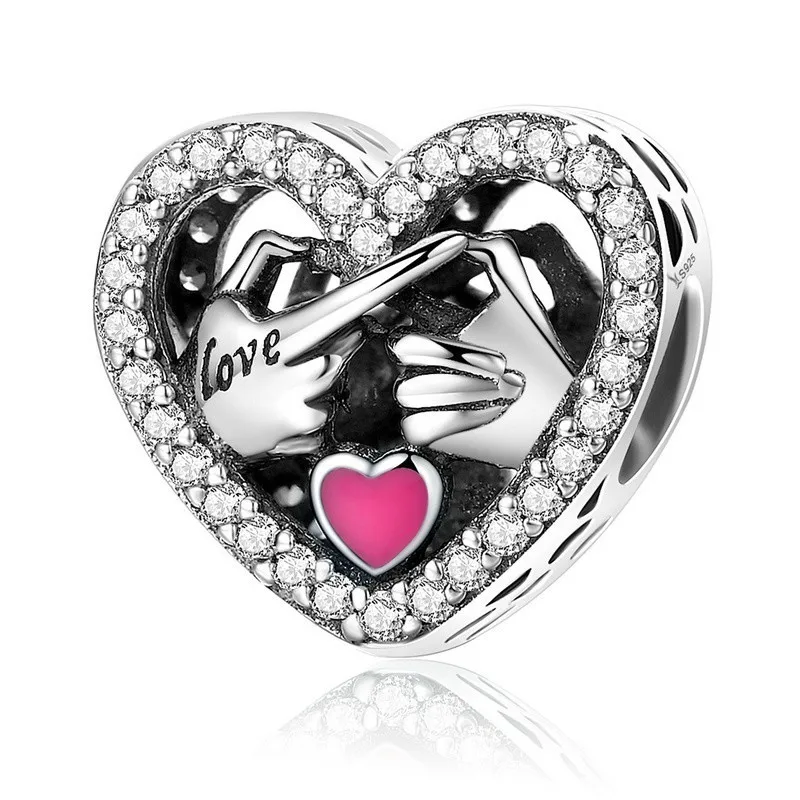 

100% 925 Sterling Silver Commitment To Love Hand Pink Enamel Heart Beads Fit Pandora Charm Bracelets Jewelry Gift Scc166 BAMOER