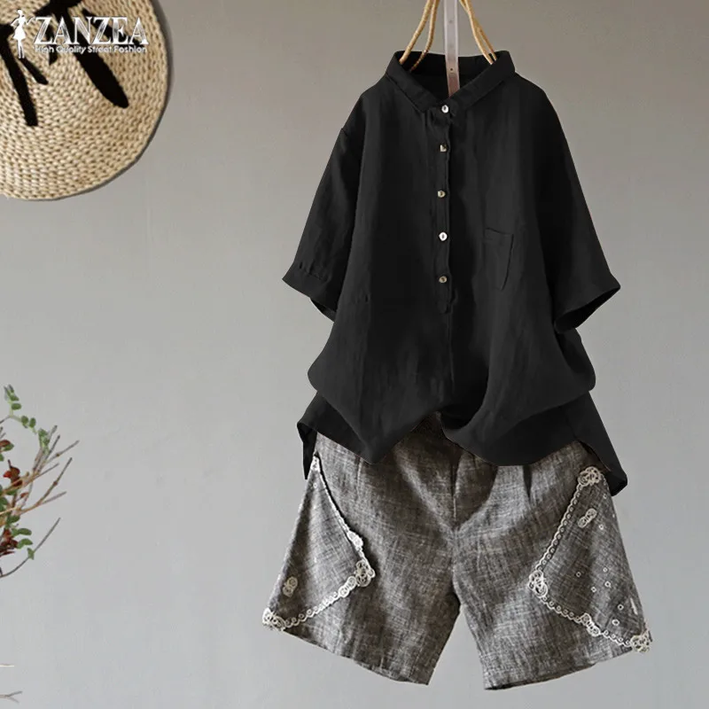 2019 زائد حجم ZANZEA الصيف المرأة عارضة قصيرة الأكمام بلوزة أنيقة الصلبة القطن الكتان زر قمصان تونك قمم Blusas الإناث