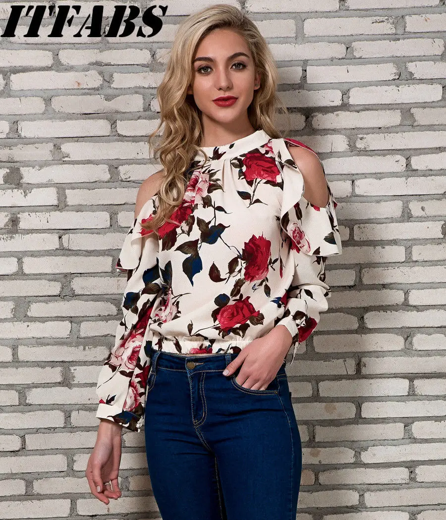 

Women Off Shoulder long Sleeve Blouses Print Floral Chiffon Shirts Casual Ladies Clothing Female Blusas Women Tops