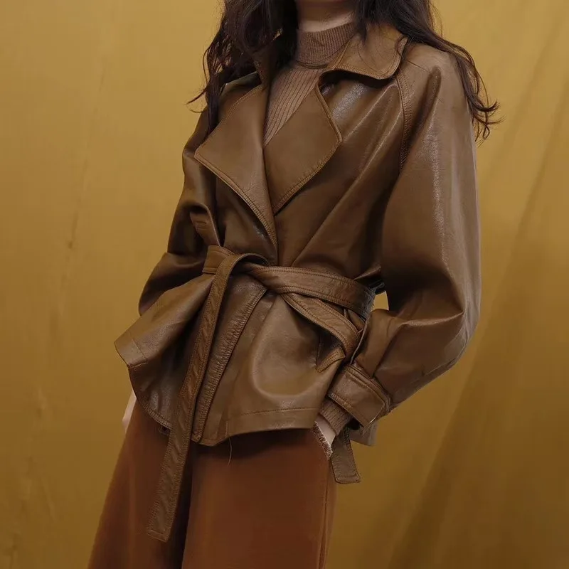 

LANMREM 2019 New Fashion Lapel Oversize Bandage Waist PU Leather Jacket Female's Long Sleeve Loose Casual Coat Vestido YF212
