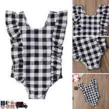 US новорожденных детей девочка без рукавов рюшами Ползунки в клеточку Sunsuit купальный костюм