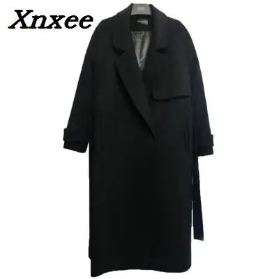 Женское длинное шерстяное пальто с поясом, Женское пальто с длинным рукавом, свободная кашемировая верхняя одежда, осенне-зимние тренчи размера плюс Xnxee