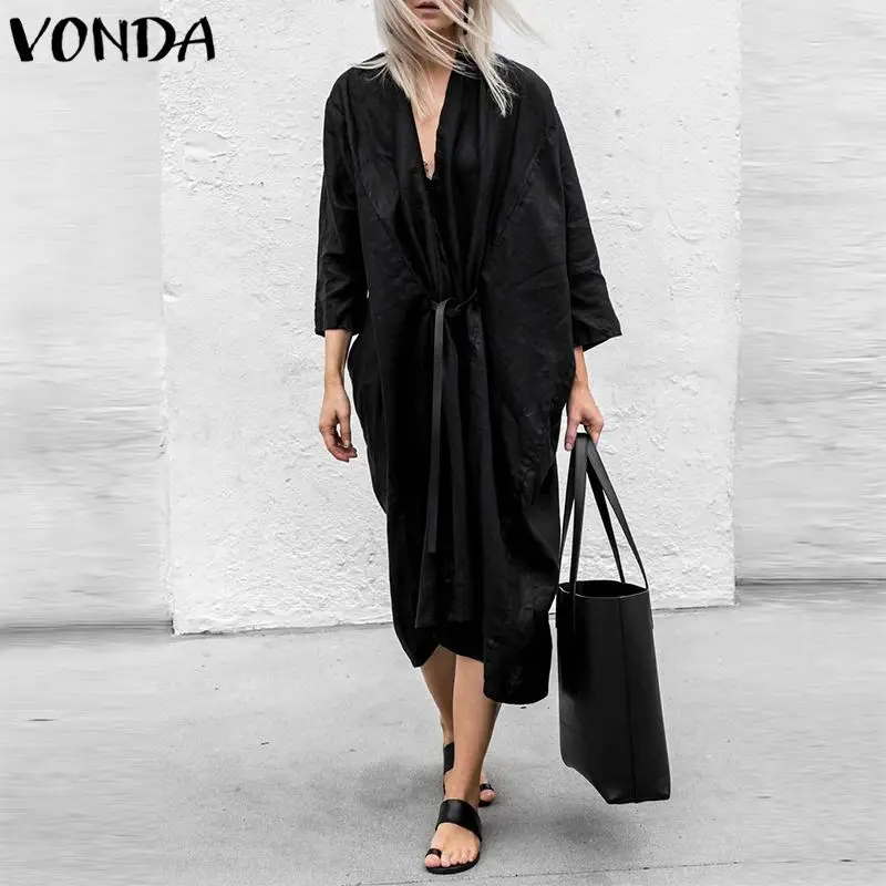 

VONDA Women Sexy Cardigan Dress 2019 Deep V Neck 3/4 Sleeve Front Open Black Club Party Dresses Casual Loose Mid-Calf Vestidos