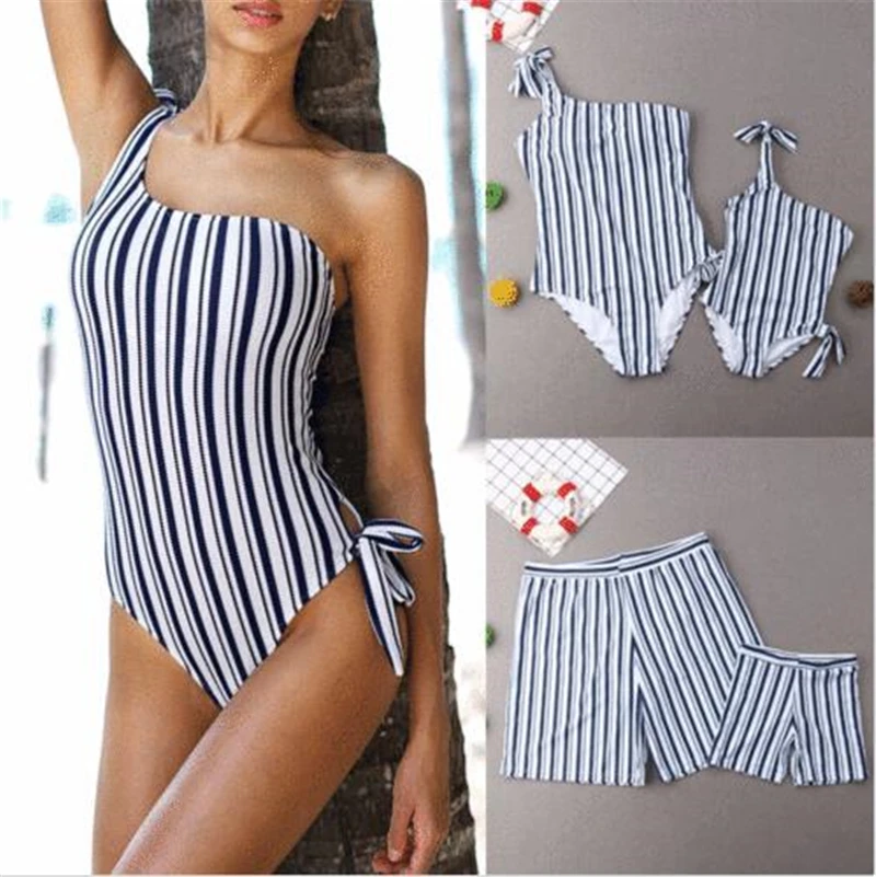 

Women Swimsuit Family Matching Fashion Stripe Swimsuits Mother Father Baby Girls Boys Clothes Bikini A family Of Four 1PCS Sets