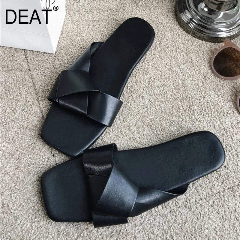 

[DEAT] 2020 New Spring Summer Square Toe Shallow PU Leather Bowknot Casual Outside Flat Slippers Women Shoes Fashion Tide 10A323