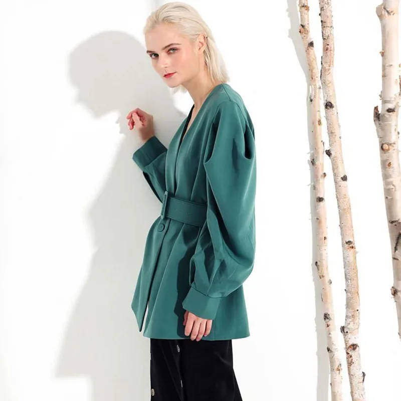 Longue Femmes eam Jl083 Fendue Manteau Nouveau Vert Mode Green Lâche 2019 Manches col V Bandagejacket Printemps black Fold Hiver Chauve souris Commune xwYfFwqg
