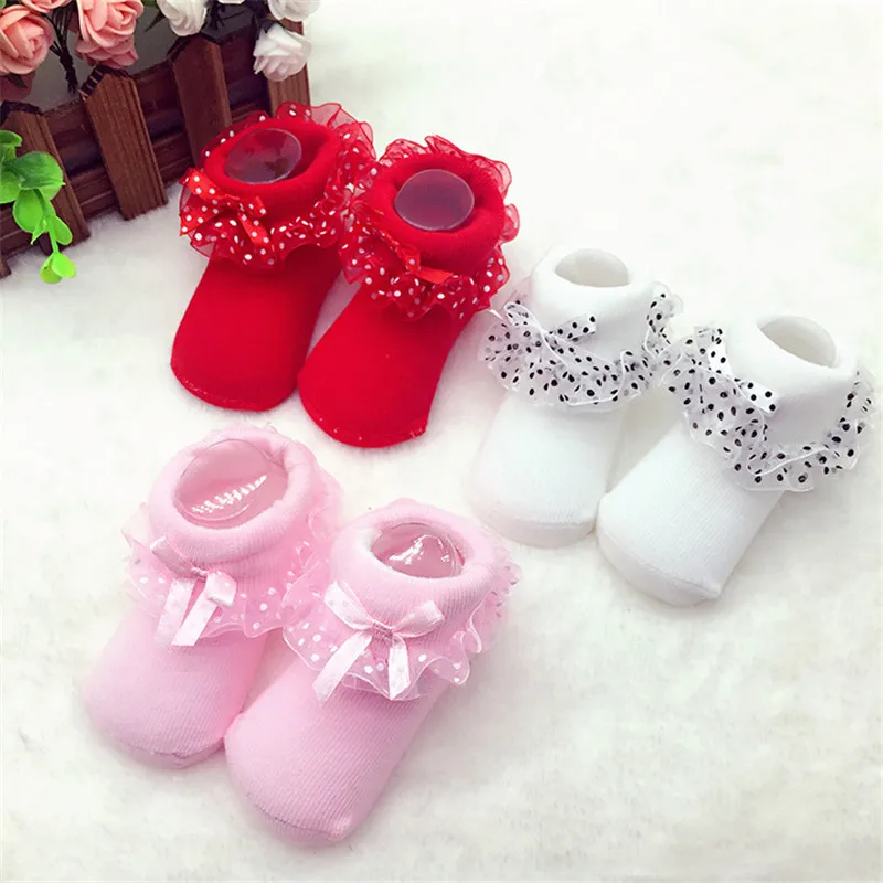 

0-12M Newborn Infant Kid Baby Girls Lace Socks Soft Cotton Polka Dot Print Ruffle Bow Tutu Ankle High Short Socks