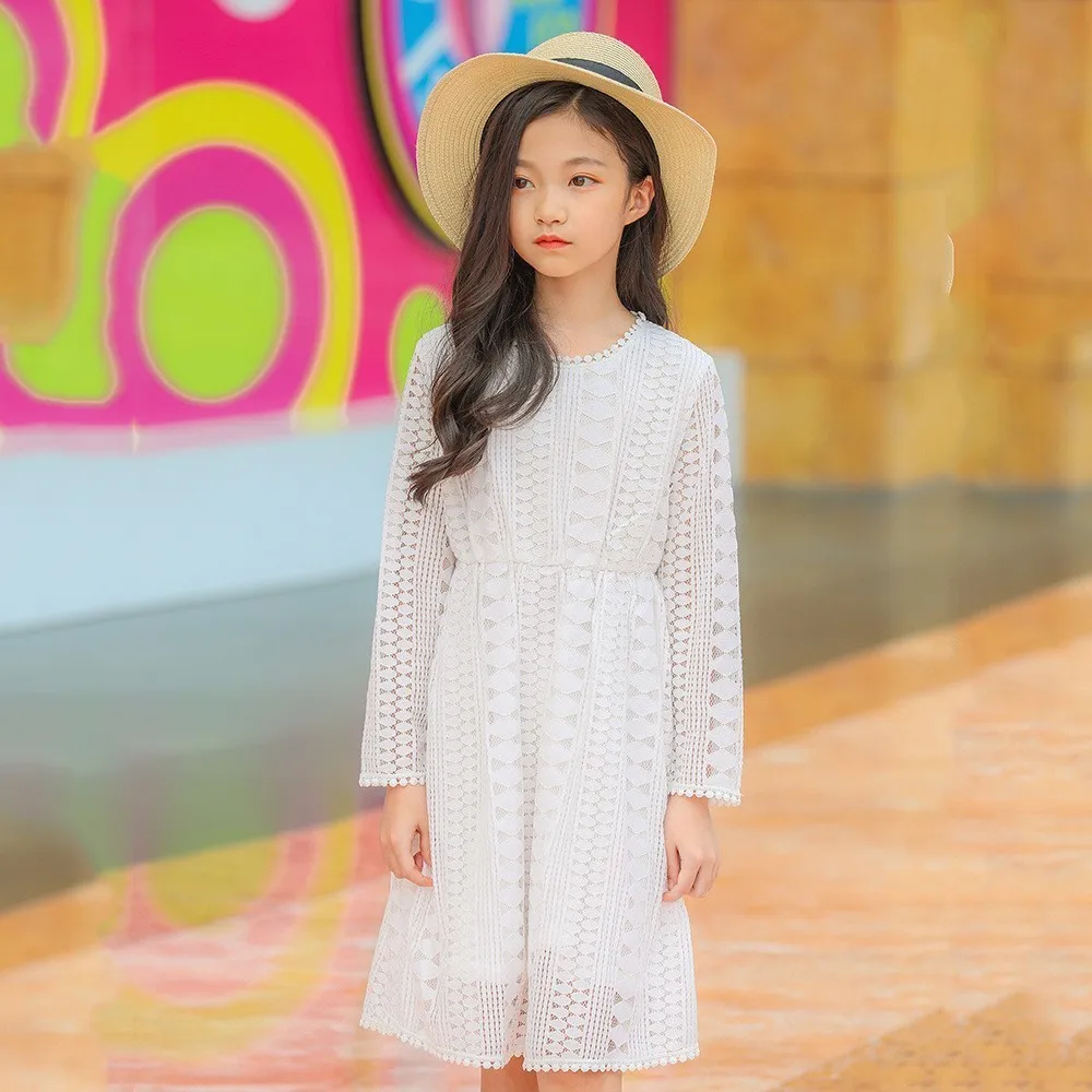 

Lace Teenage Girl Princess Dress White Baby Girl Dress Long Sleeve Party Wedding Spring Autumn 2019 Children Clothing
