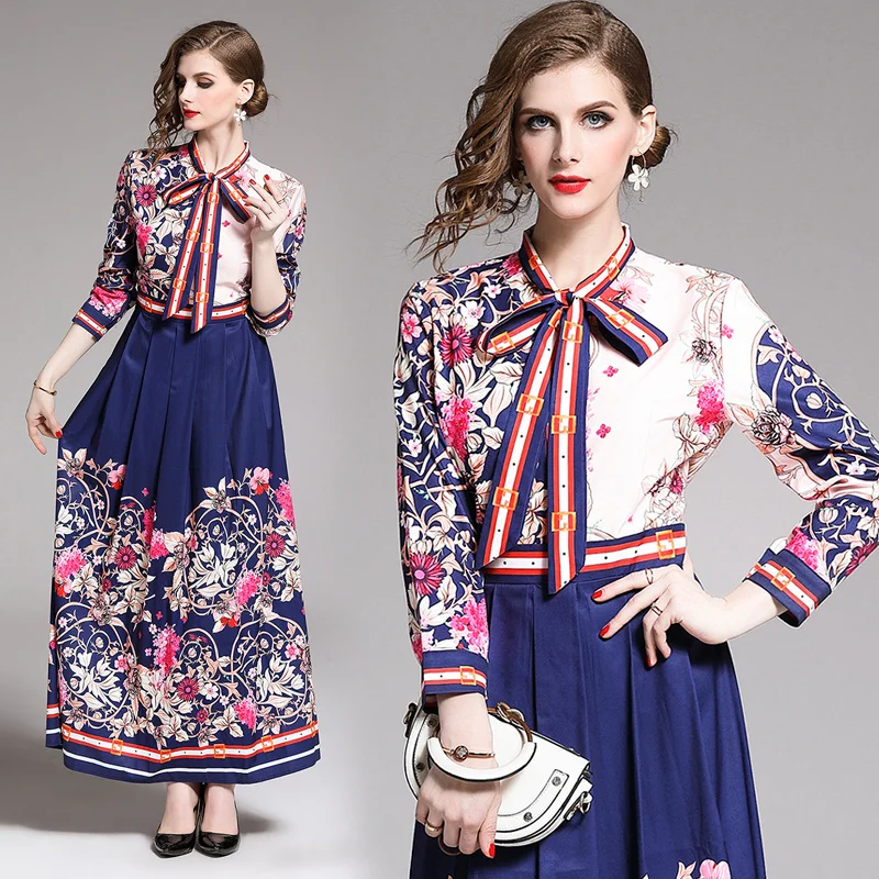 

Newest Fashion Runway Dress Women's Long Sleeve bow tie up Floral Elegant Printed Vintage Dresses 2019 maxi long