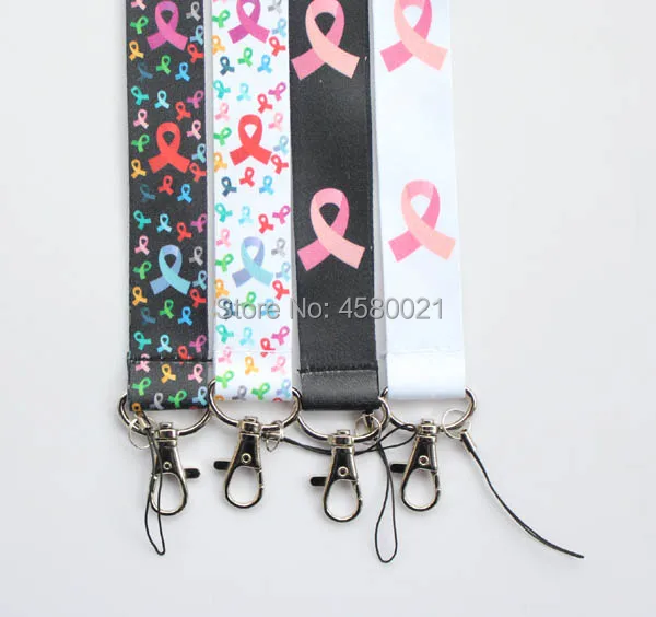 

Free Shipping 10pcs Ribbon Breast Cancer Awareness Key chain Badge Lanyard for Keys ID Holders Phone Neck Straps #015