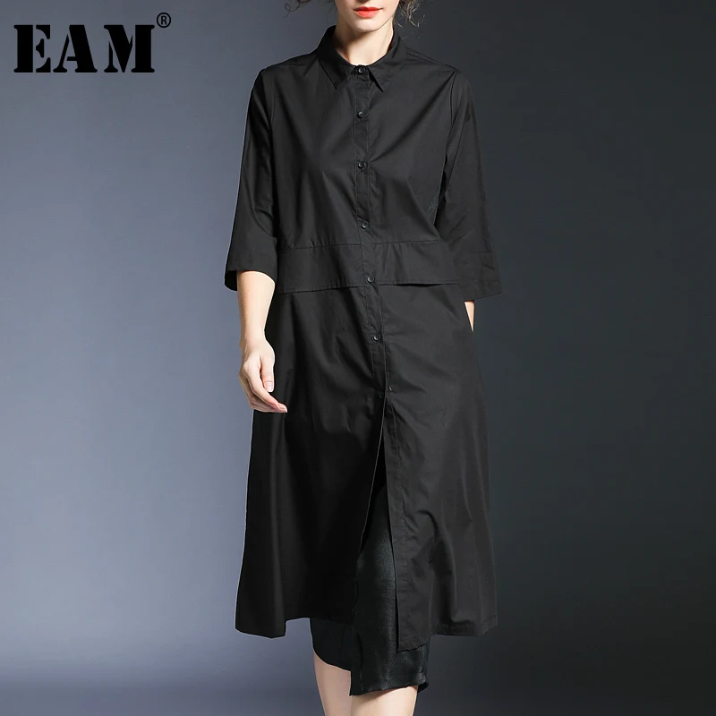 

[EAM]2019 New Spring Summer Lapel Three-quarter Sleeve Black Loose Pocket Split Joint Loose Long Shirt Dress Women Fashion JQ092