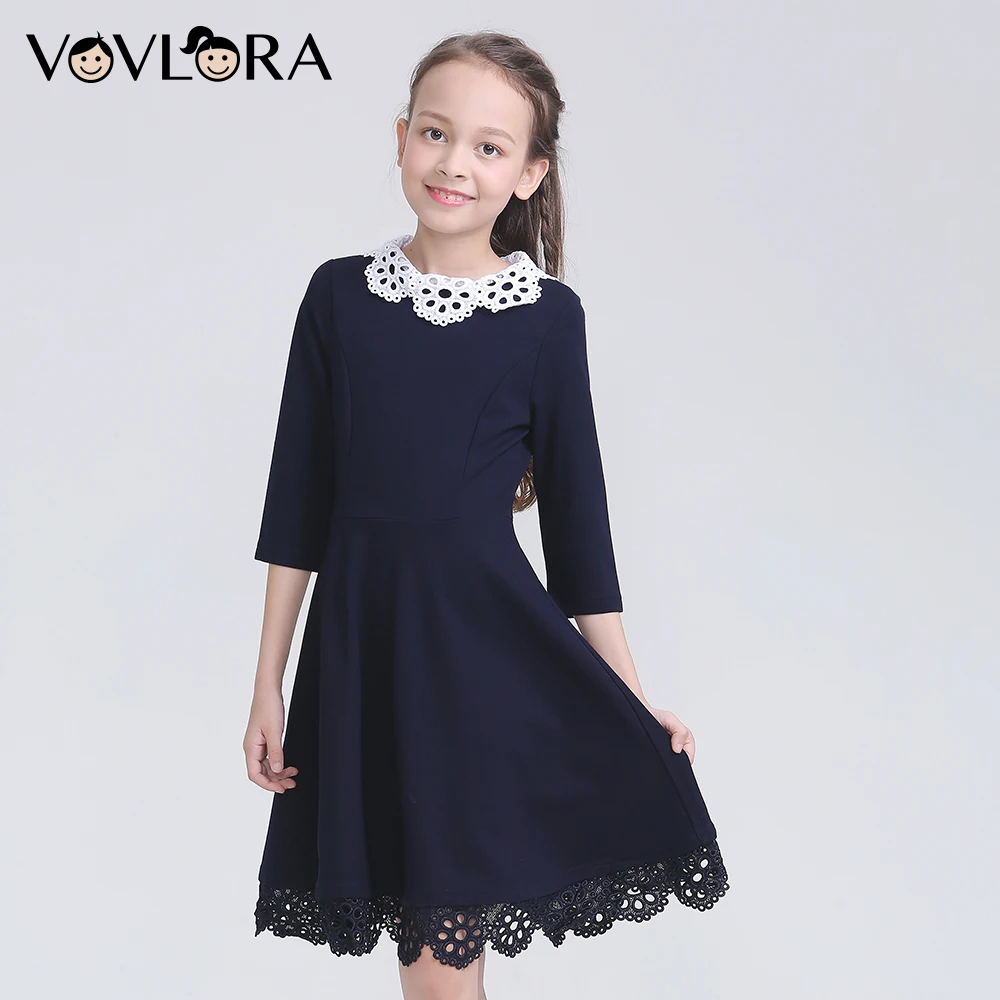 

2018 Autumn School Uniform For Girls O Neck Half Sleeve Kids School Dress Patchwork Lace Children Clothes Solid Size 6 7 8 Years