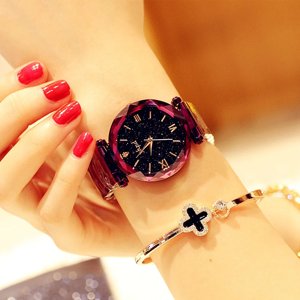 

More Colors Korea Hot Style Quartz Watch for Women Delicate Fashion Simple Gold Steel Strap Star Sky Dial Watch for Gift