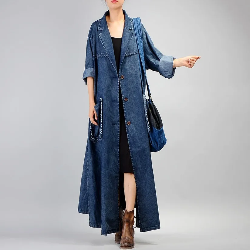 

[YaLee] New Fashion 2019 Spring Summer Asymmetry Single Breasted Splice Pocket Irregular Long Loose Denim Windbreaker Women Y173