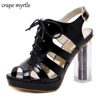 

2020 New Summer Sexy Hollow Roman Sandals thick with high heels Female Sexy transparent heels Female Sandals Size 34-40 YMA647