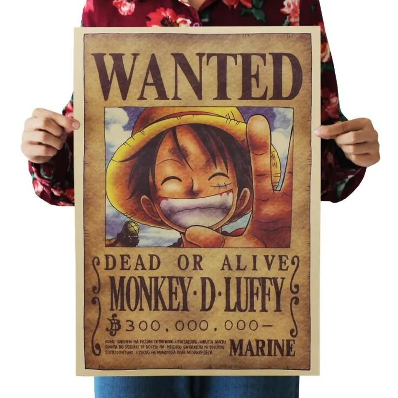 

Wall Decor Vintage Luffy Wanted One Piece Poster Anime Retro Kraft Paper Kids Room Decoration Stickers Wall Sticker 51x35cm