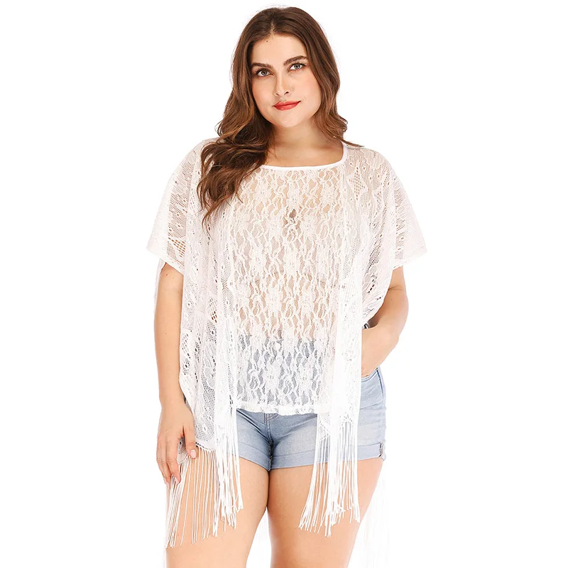 Sexy Women Plus Size Beach Cover Up Floral Lace Fringed Sheer Bikini