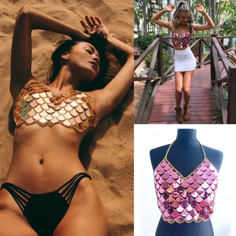 

2019 Newest Hot Women Camisole Metal Crop Tops Backless Bralette Summer Beach Sequin Tops Vest
