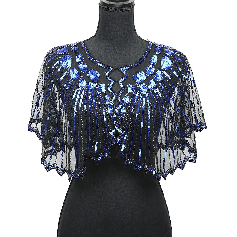 

Vintage Women 1920s Sequin Shawl Poncho Elegant Ladies Sheer Mesh Shiny Sequined Beading Scalloped Evening Party Bolero Cape