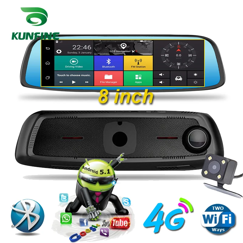 KUNFINE 10\ Android GPS Navi Dash Cam Car DVR Mirror Video Recorder Dual Cameras Recording WIFI Bluetooth With 3G FM Transmit