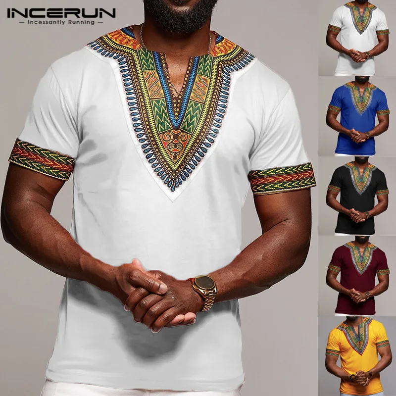 

INCERUN Fashion African Dashiki Clothing Men T Shirt V Neck Short Sleeve Tops African Printed Casual T-shirt Men Plus Size 2019