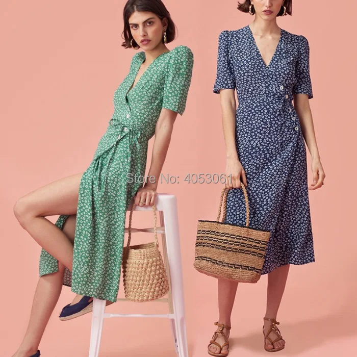 

Viscose 100% Wrap Style Midi Dress With Button Closure & Ties - 2019ss Women V Neck Green/Navy/Blue/Orange Floral Dress
