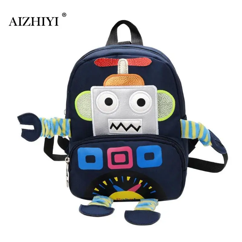 

ids Boys Girls School Backpack Preppy Style Cute Cartoon Robot Print Nylon Backpack with Anti-lost Leash Strap