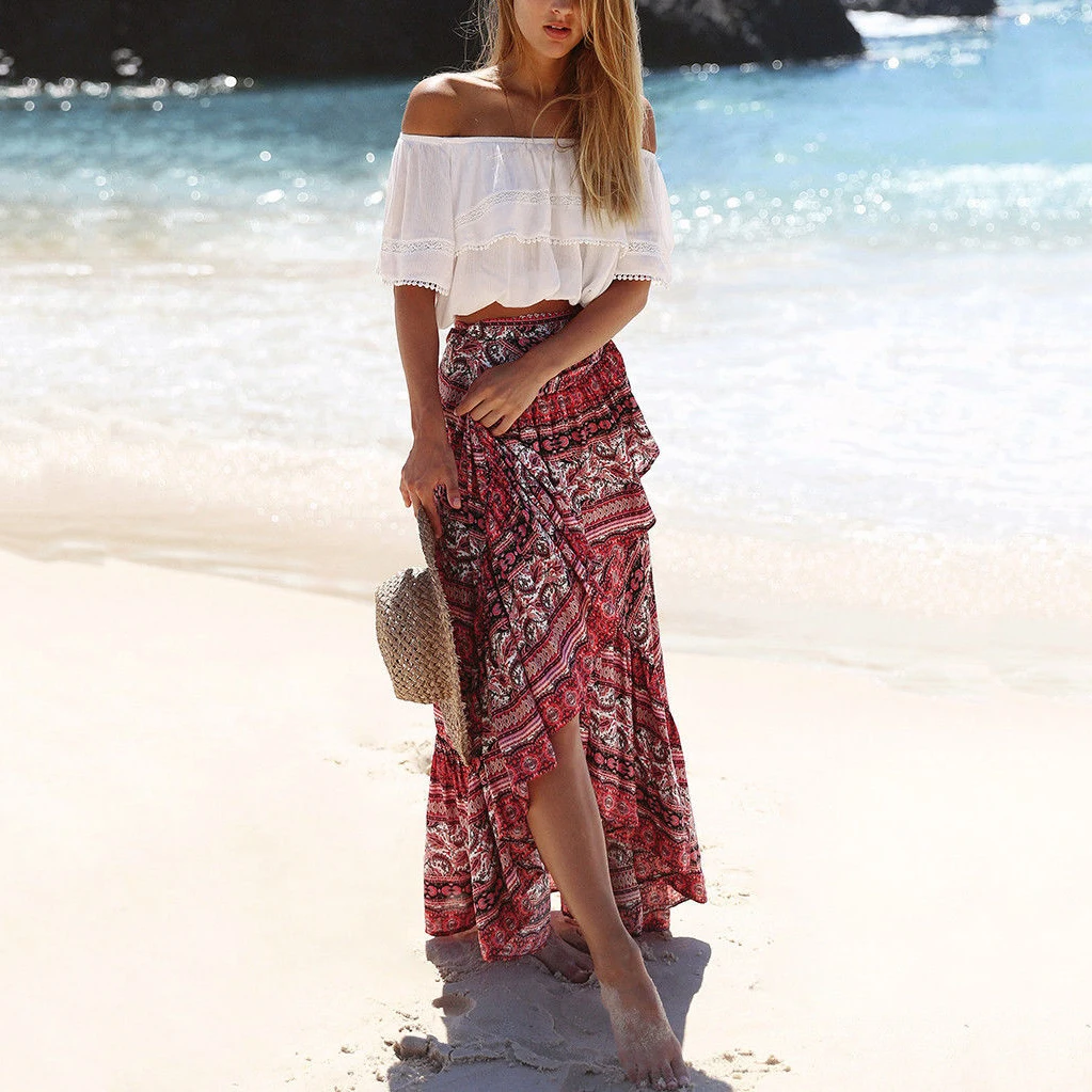 Women Boho Summer Beach Floral Long Skirt Elegant Split Ruffles faldas ...