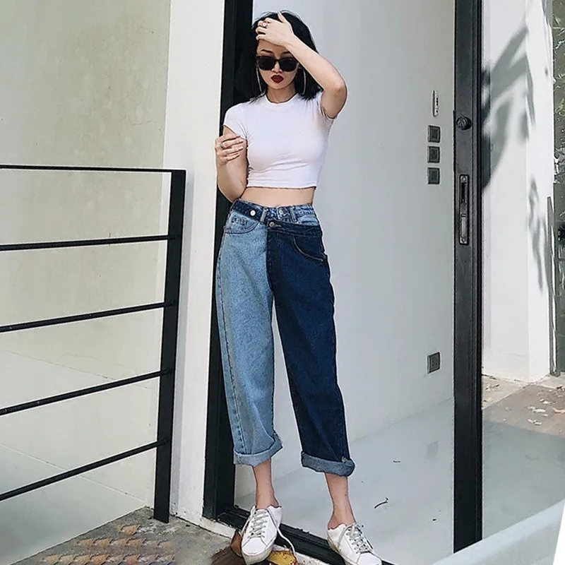 Irregular Loose casual Women Patchwork Jeans High Waist Summer Denim Long Trousers Fashion Clothing Large Size Irregular Loose casual Women Patchwork Jeans High Waist Summer Denim Long Trousers Fashion Clothing Large Size